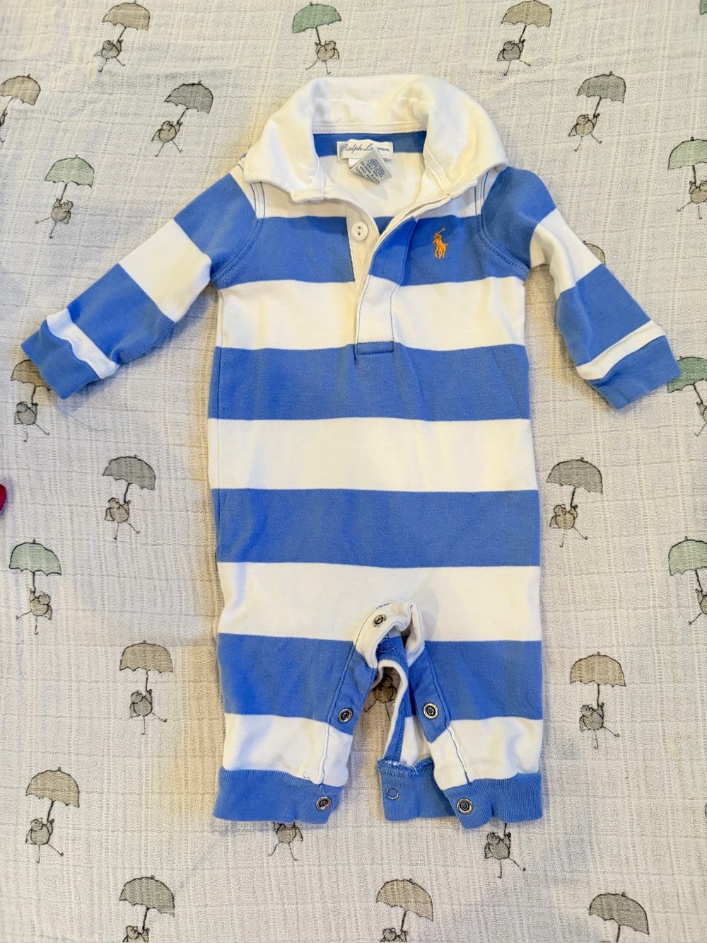 Ralph Lauren Blue & White Stripe Footed One-Piece